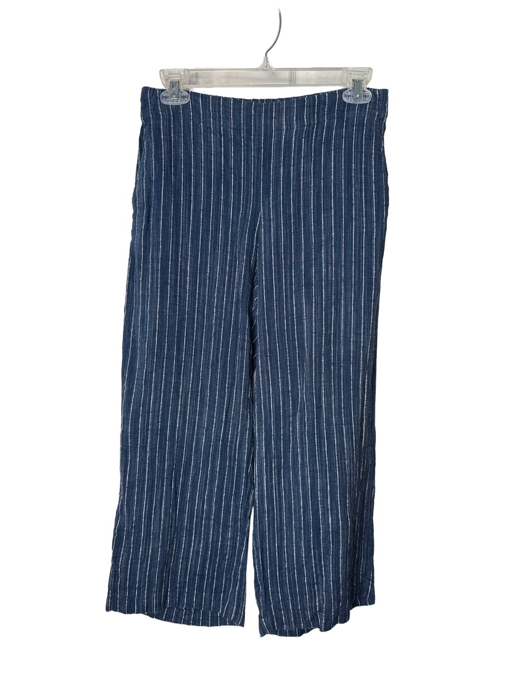 EILEEN FISHER Petite Organic Linen Pull On Blue Striped Cropped Pants XS Coastal